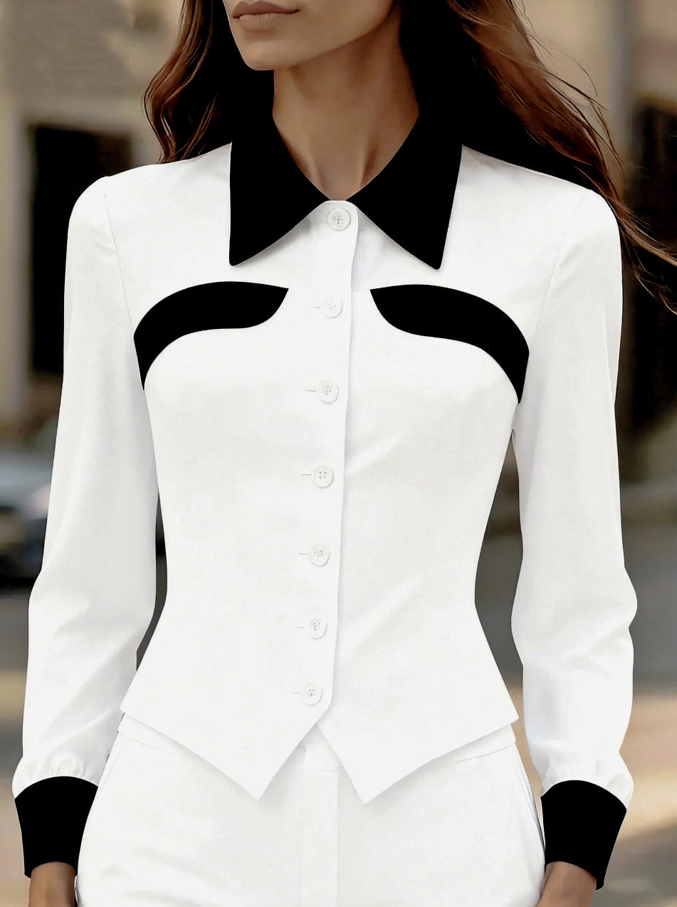 Color-blocked Slim-fit Versatile Long-sleeve Shirt For Women