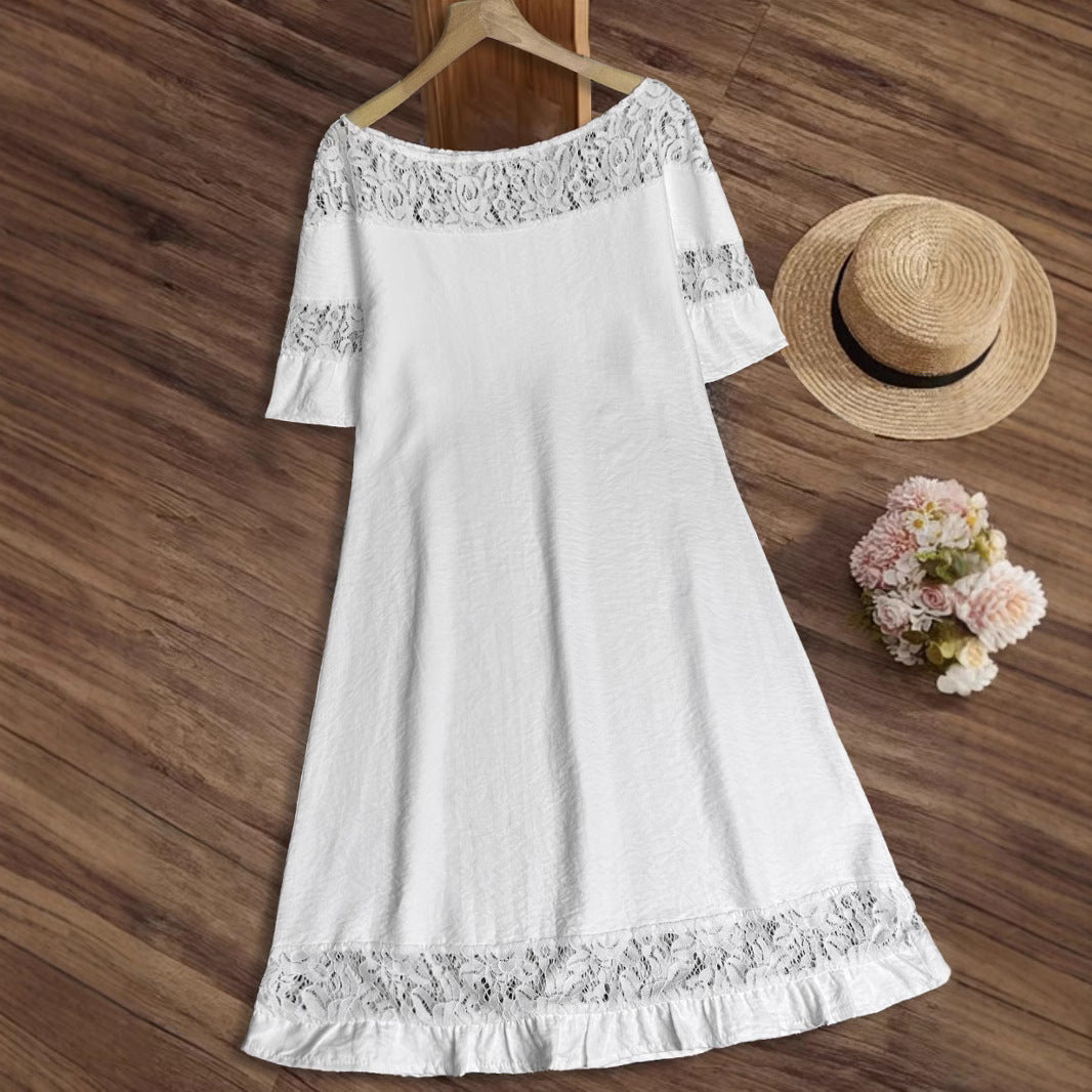 White Lace Ruffled Short Sleeves Hollow Dress
