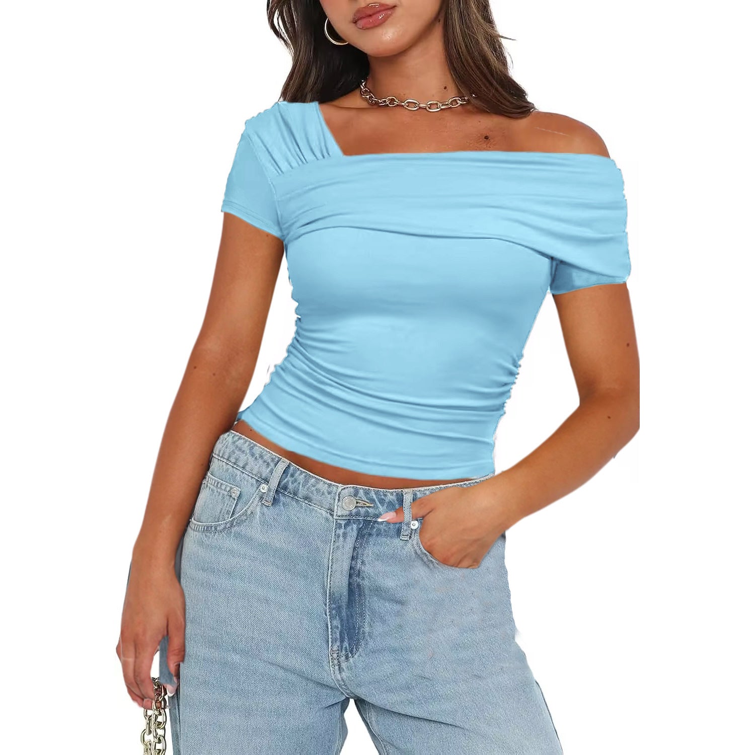 Solid Color Decorative Short Strapless Short Sleeve Women