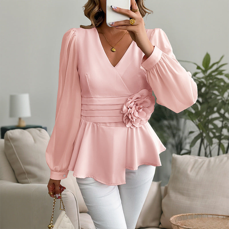 Waist-tight V-neck Three-dimensional Flower Blouse