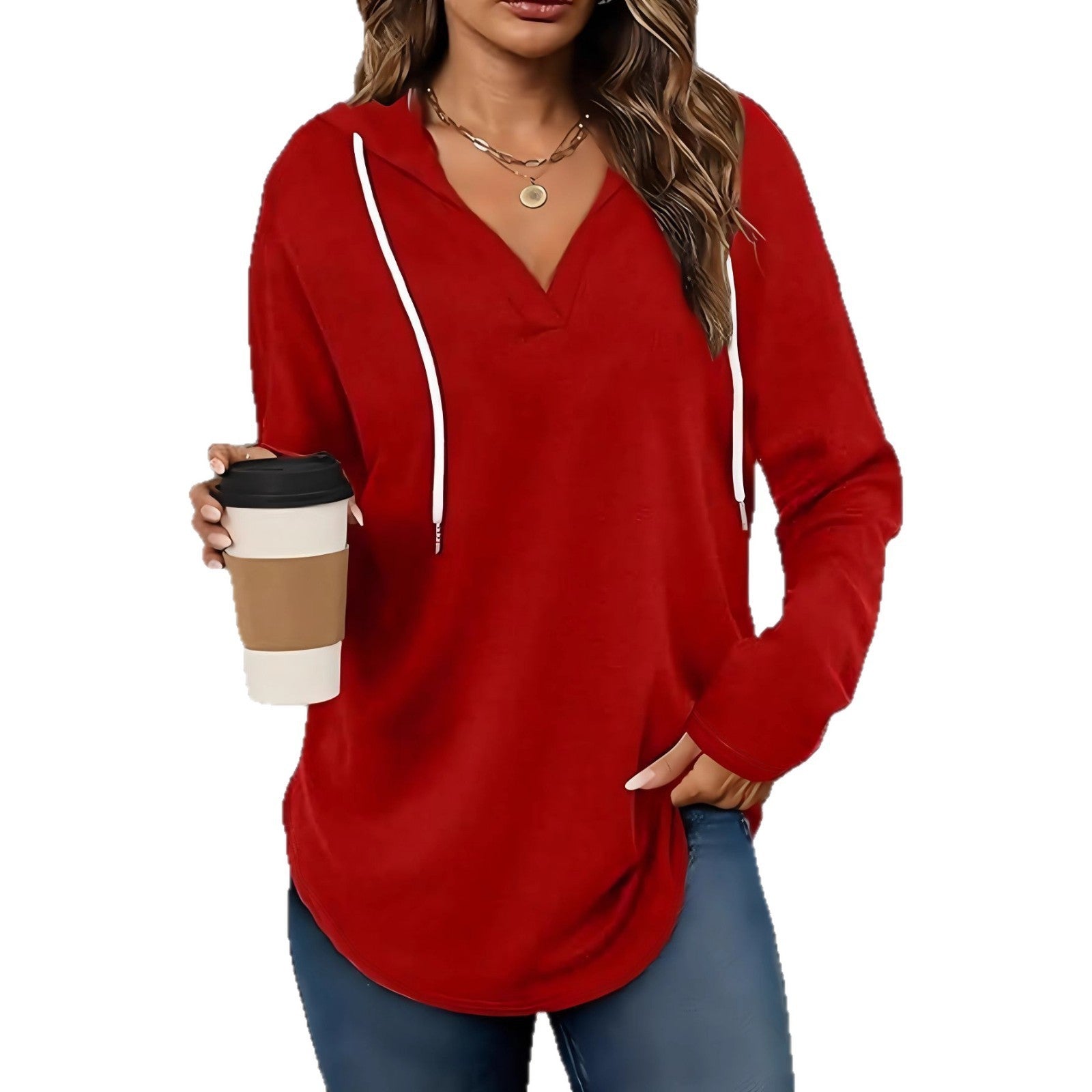 Autumn New Women's V-neck Sweatshirt Hooded Long Sleeve