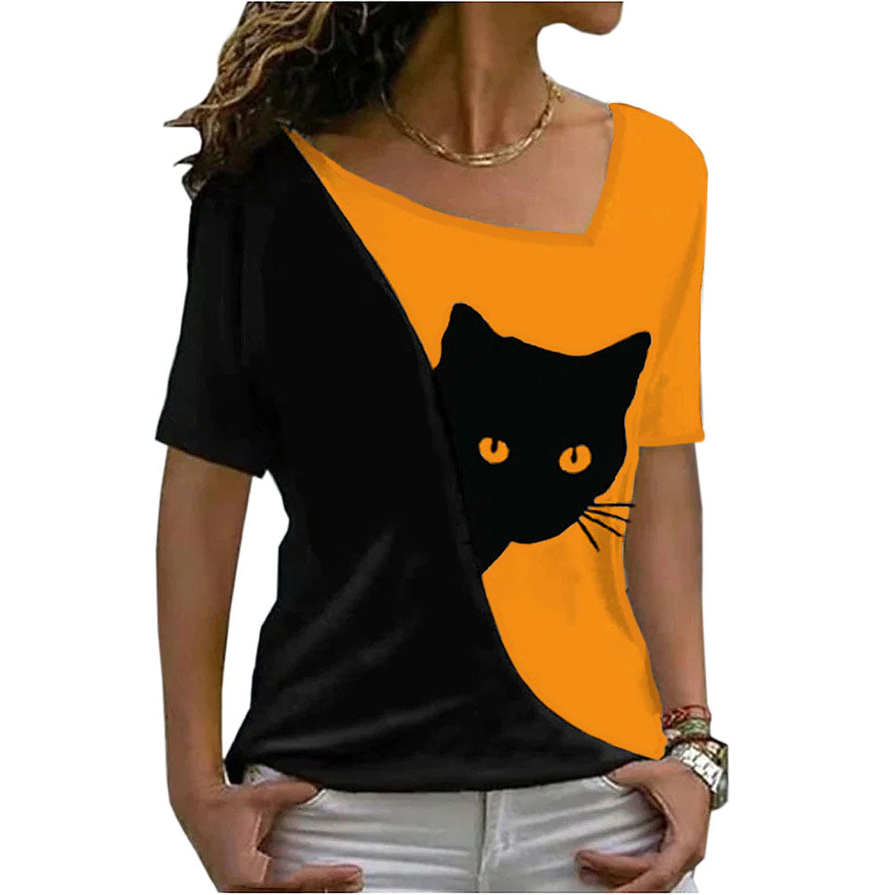 Women's Cat Printing Top Short Sleeve