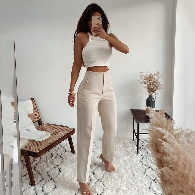 Pleated Casual High Waist Pure Color Slim-fit Basic Pants