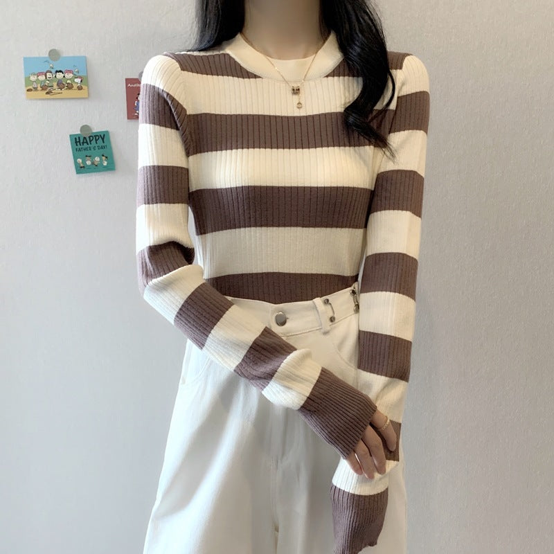Striped Knitted Skinny Inner Match Women's Long Sleeve