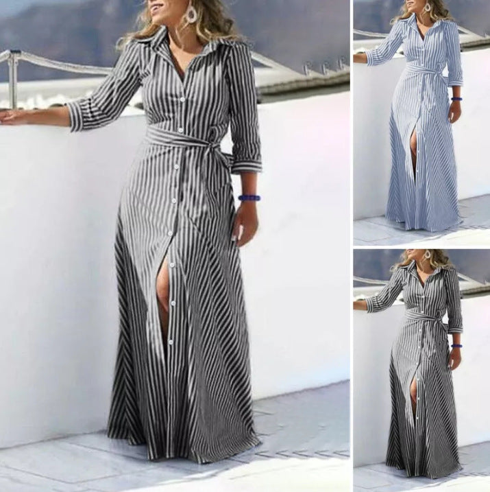 Striped Bohemian Three-quarter Length Sleeves Cardigan Dress
