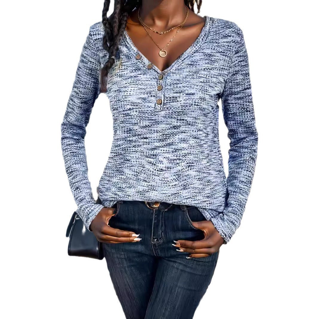 Women's V-neck Pullover Fastener Decoration Long Sleeve