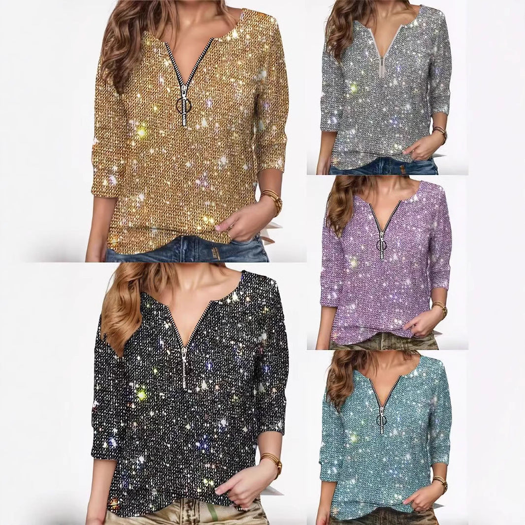 New Fashion Casual Loose Round Neck Long Sleeve Pure Color Sequins T-shirt