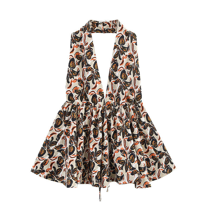 Printed Hanging Collar Top Loose Trousers Two-piece Suit