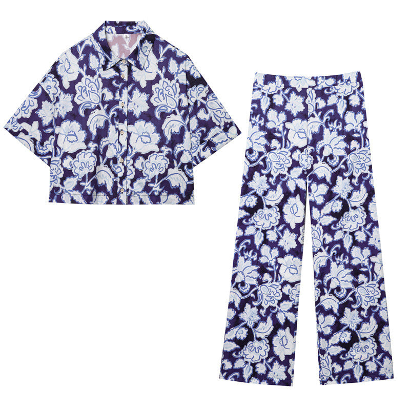 Flower Print Short Shirt Pants Suit