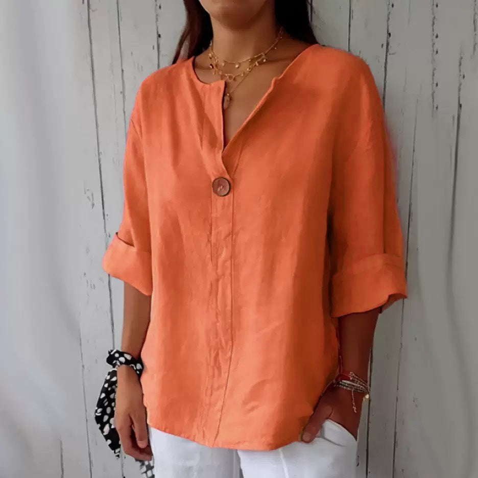 Summer New Loose T-shirt Women's V-neck Solid Color Button Three-quarters Sleeve Top
