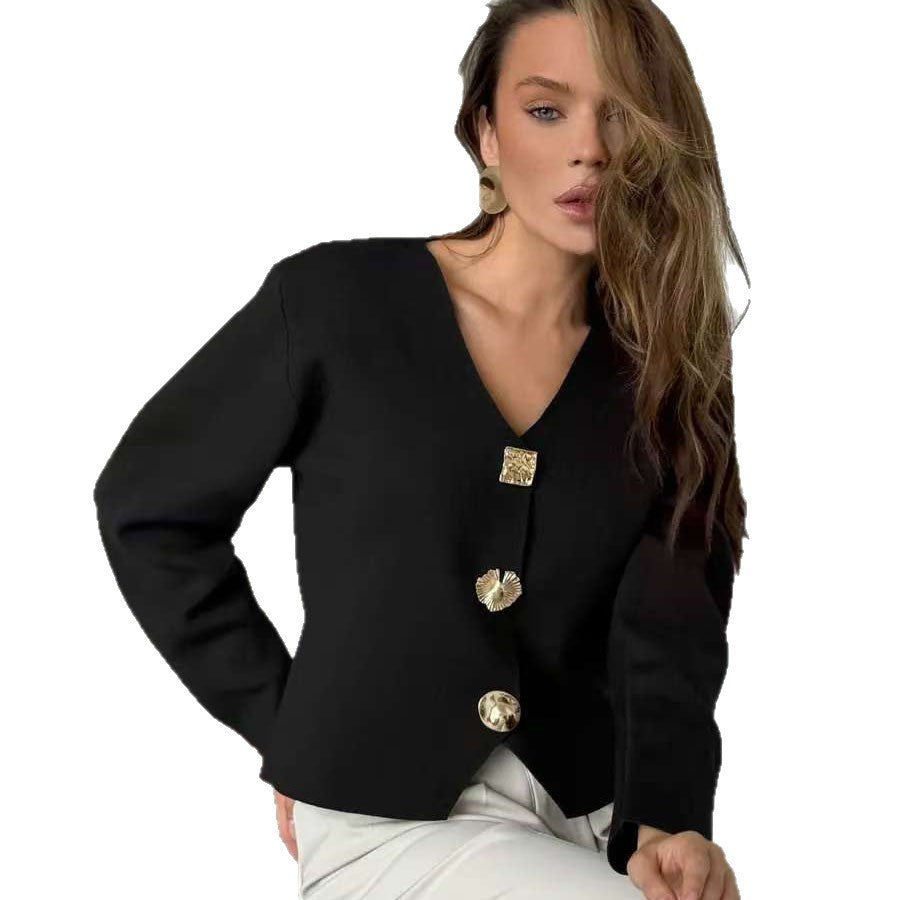 High-end Short Knitted Cardigan Slim Slimming Metal Buckle Sweater For Women