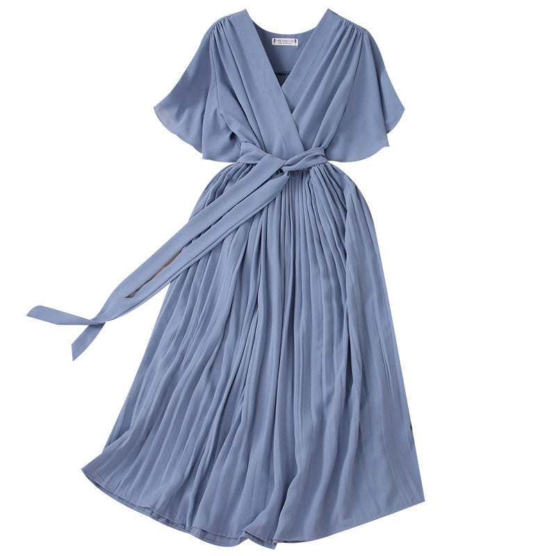 Below The Knee Slim Fit Temperament Waist-controlled Women's V-neck Short Sleeve Dress