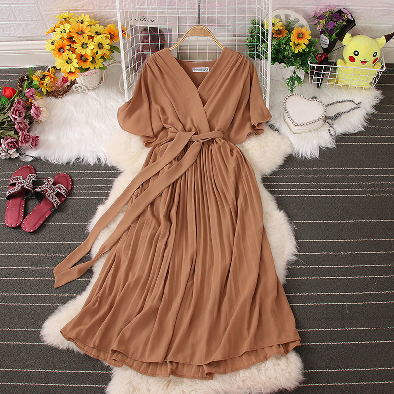 Below The Knee Slim Fit Temperament Waist-controlled Women's V-neck Short Sleeve Dress