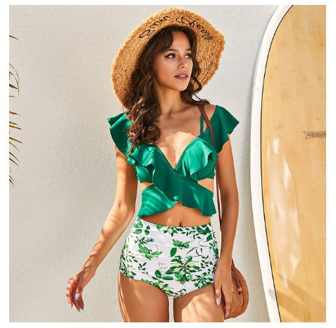 New Sexy Ruffled High Waist Bikini Women's Cross Swimsuit Off-shoulder Bikini Suit Swimsuit Summer Beachwear