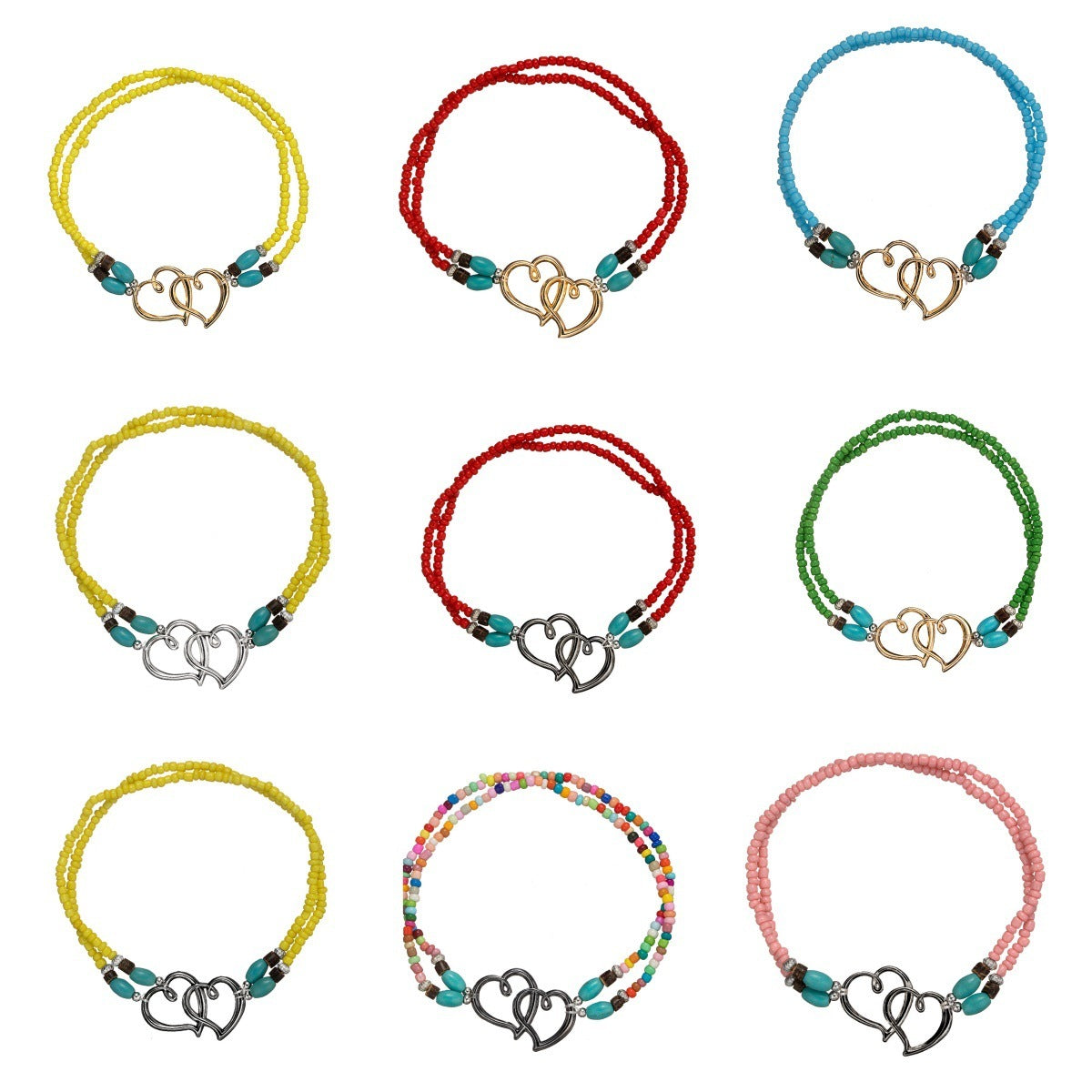 Fashion Vacation Style Alloy Double Heart Bead Turquoise Double Elastic Anklet