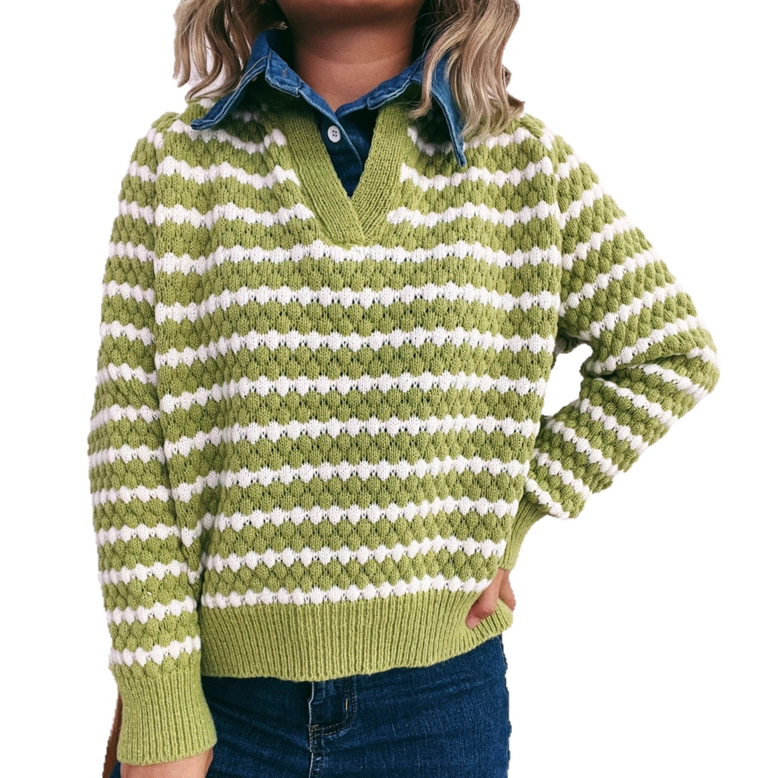 Women's Denim Patchwork Lapel Knitted Stripe Color Block Fake Two-piece Sweater