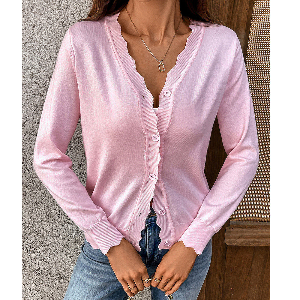 V-neck Long-sleeved Knitted Cardigan Pure Color Ice Silk Coat For Women