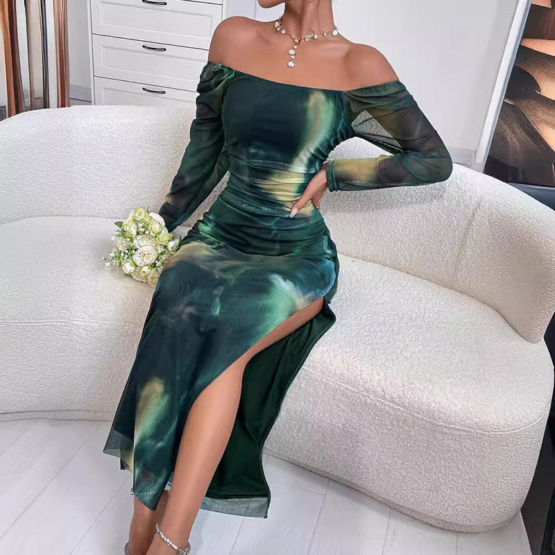 Women's European And American Fashion Tight Split Off-shoulder Dress
