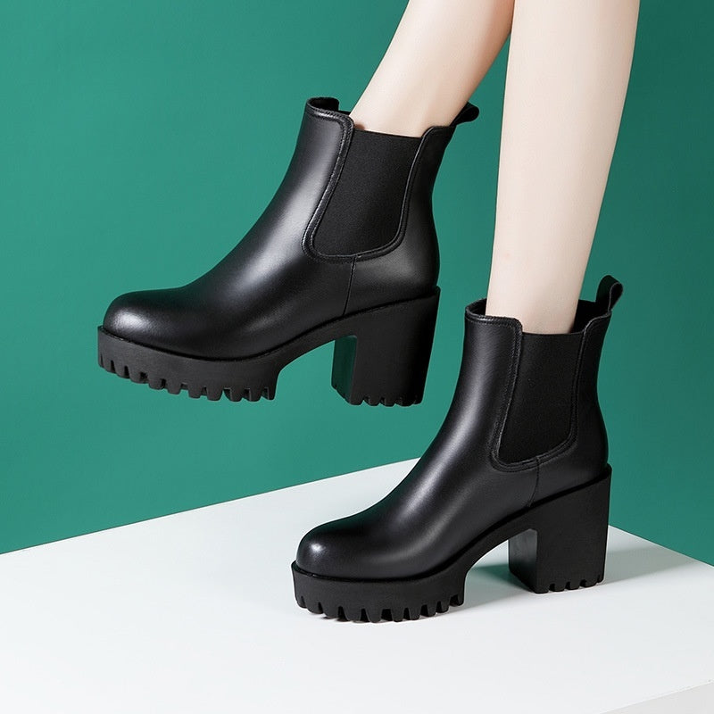 Women's Solid Color Genuine Leather High-heel Thick-heel Platform Mid-calf Boots