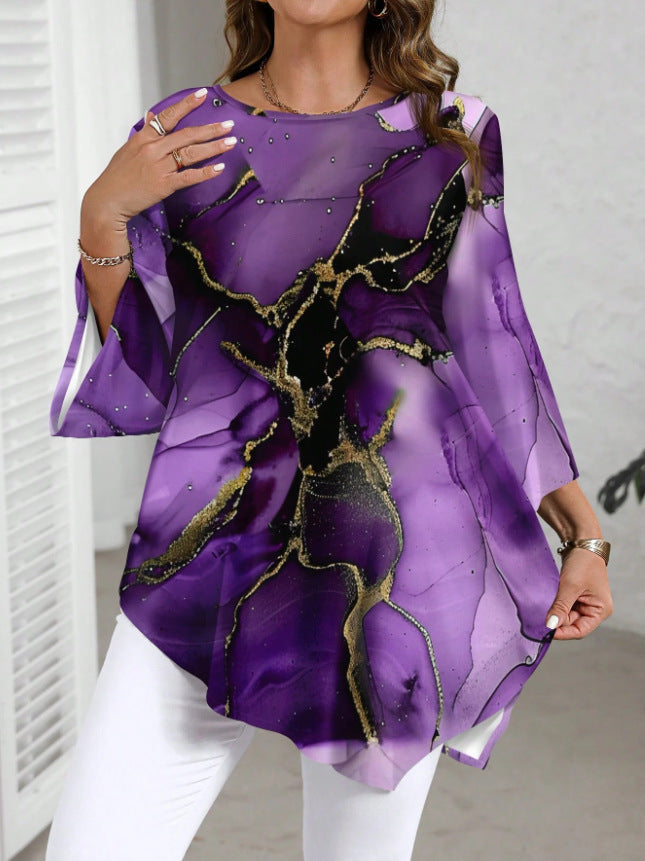 Fashion Casual All-match Marble Printed Round Neck Long Sleeve