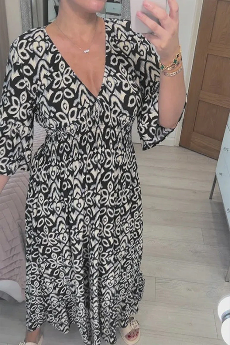 New Plus Size Super Fairy V-neck Floral Dress For Beach Vacation, Loose Long Skirt