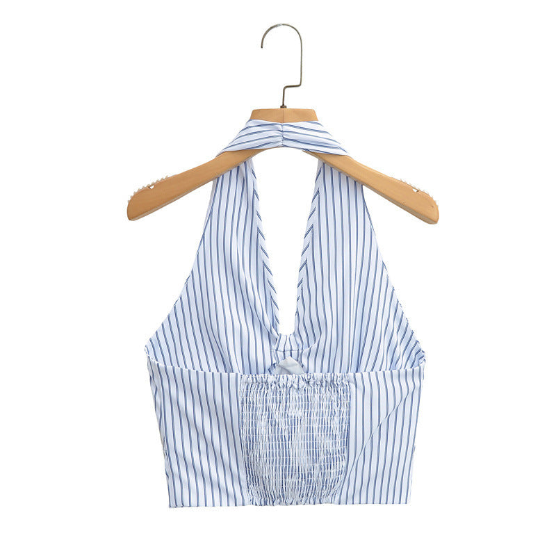 European And American Style Striped Halter Backless Smocking Sling