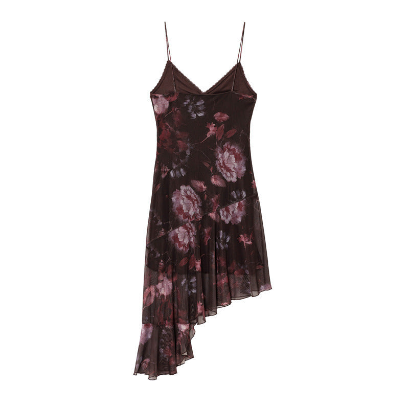 Lace V-neck Printed Sling Irregular Dress