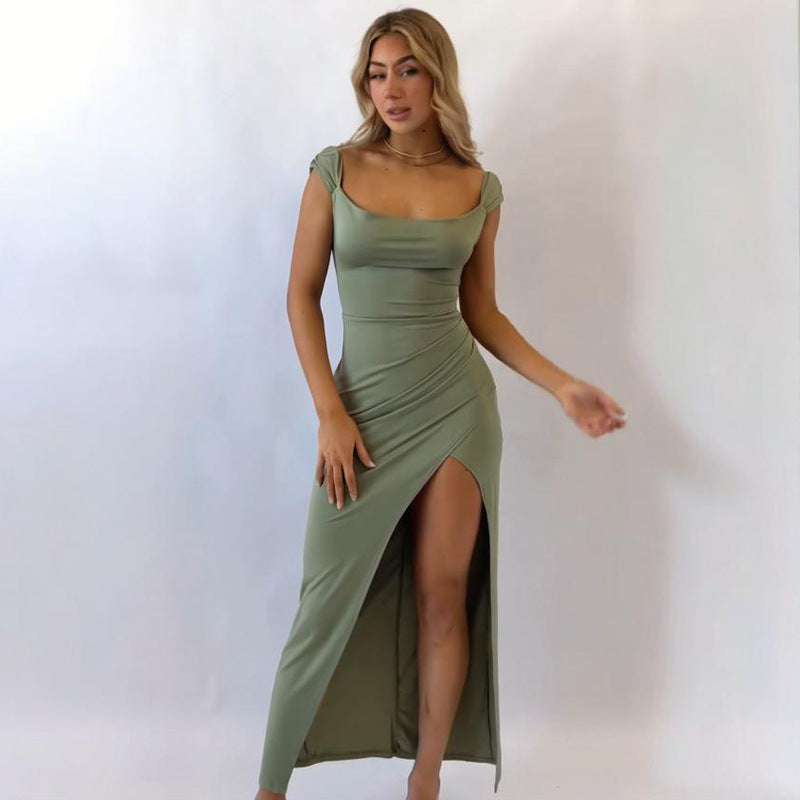 Square Collar Sexy Slit Solid Color Elegant Tied Dress