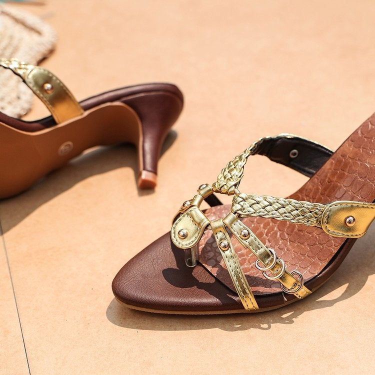 New Arrival Open Toe Woven Cross Strap Sandals Women Summer Outdoor Vintage Thin Heel Pointed Toe Retro High Heels