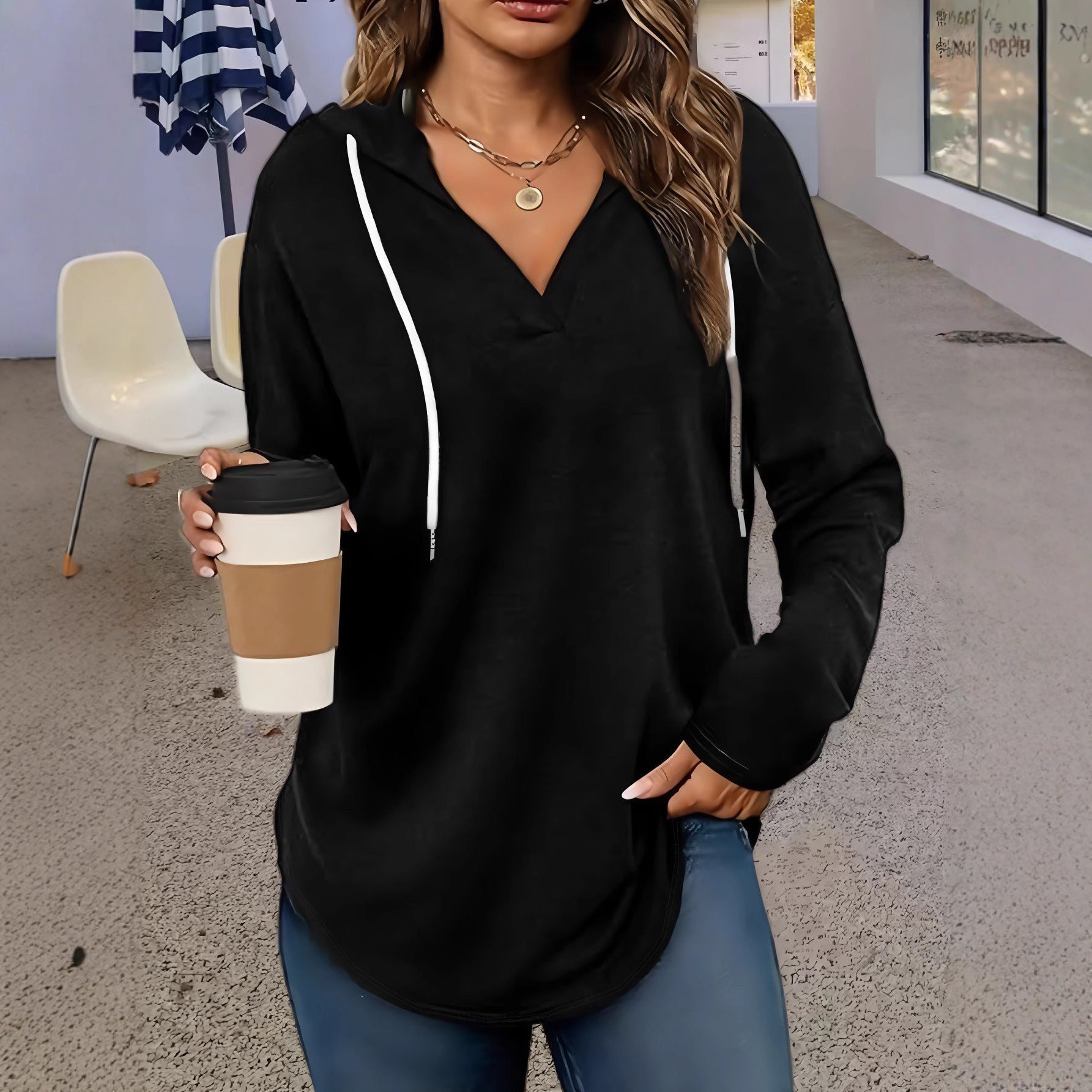 Autumn New Women's V-neck Sweatshirt Hooded Long Sleeve