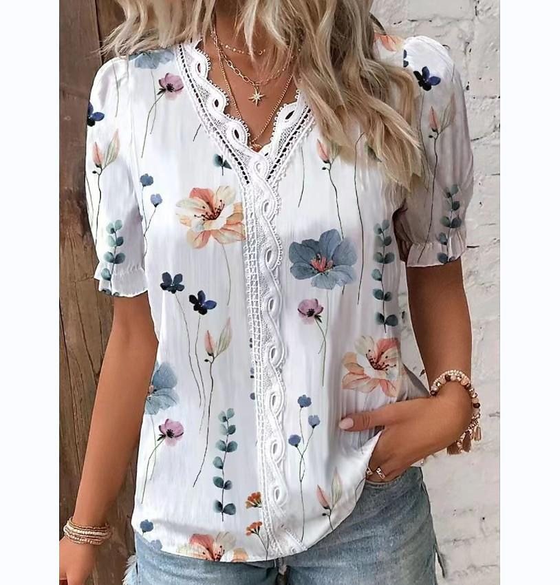 V-neck Holiday Fashion Floral Short Sleeve
