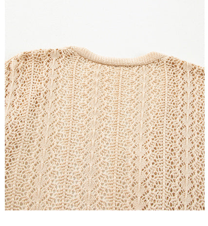 Apricot Hollow Out Knit Drop Shoulder Open Front Cardigan