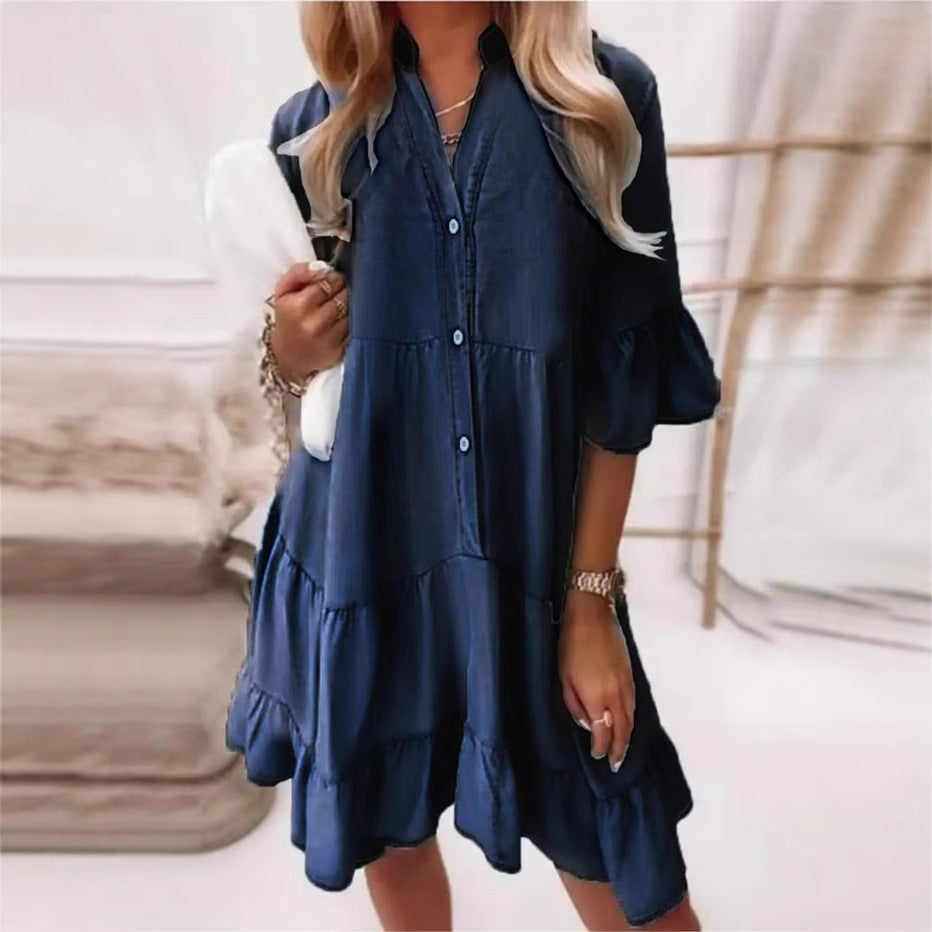 Washed Cotton Half Sleeve Mid-length Denim Dress