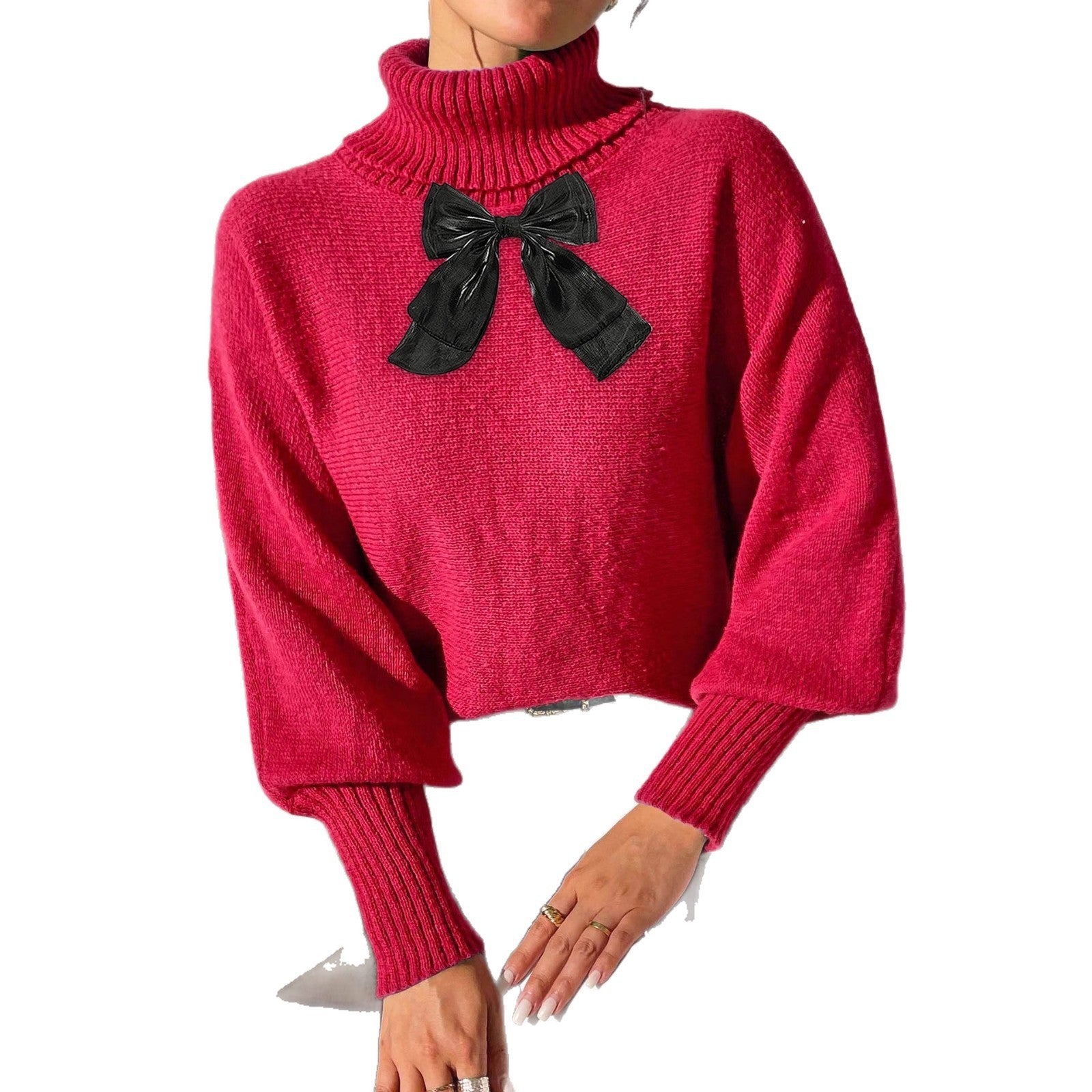 Women's Batwing Sleeve Lace Bow Patchwork Turtleneck Sweater