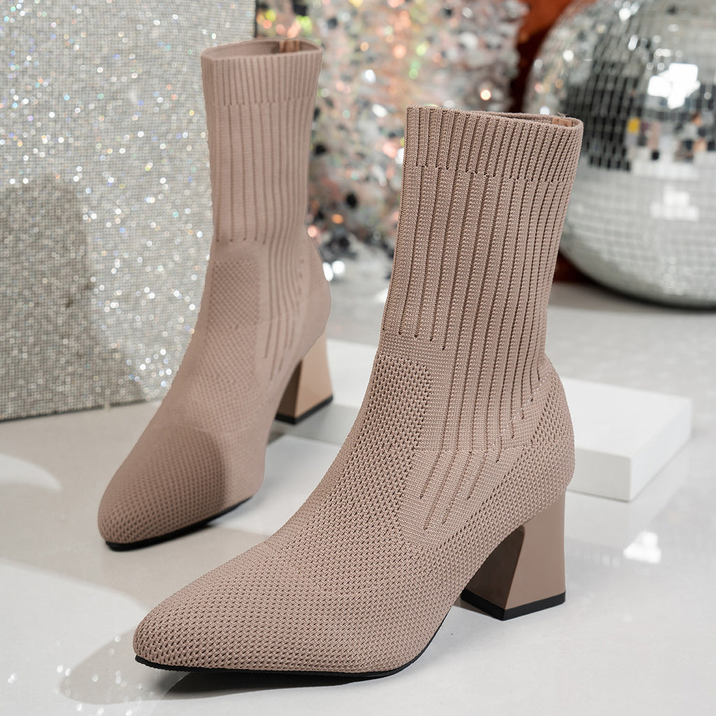 Chunky Heel Pointed Toe Stretch Socks Single Layer Boots
