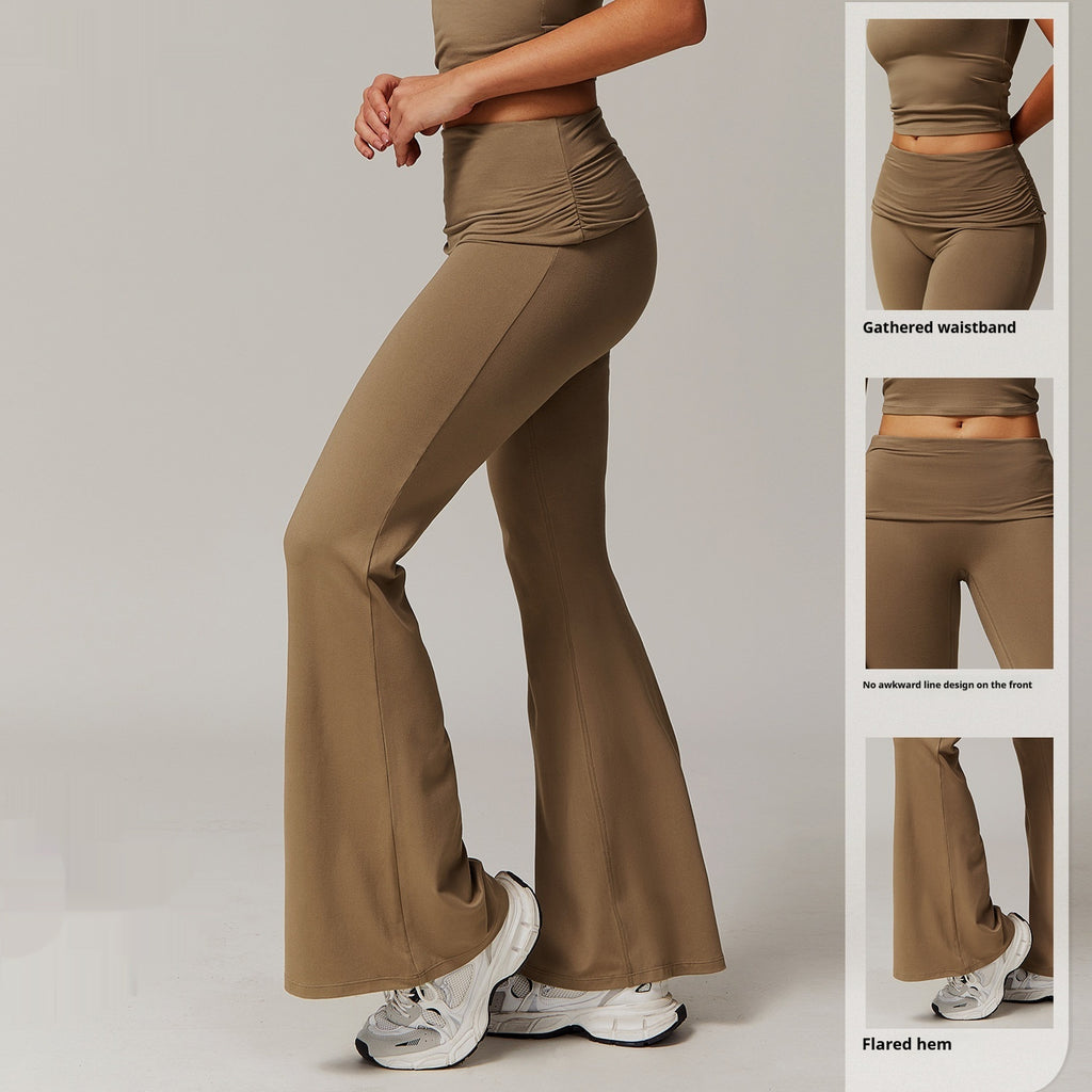 Wool Pleated Yoga Fold High Waist Running Sports Skinny Versatile Bell-bottom Pants Women