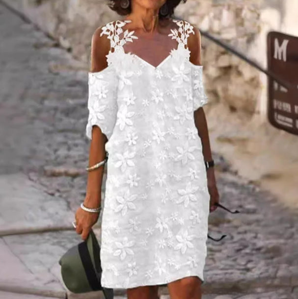 Womens V-Neck Lace Slip Dress With Patchwork Embroidery