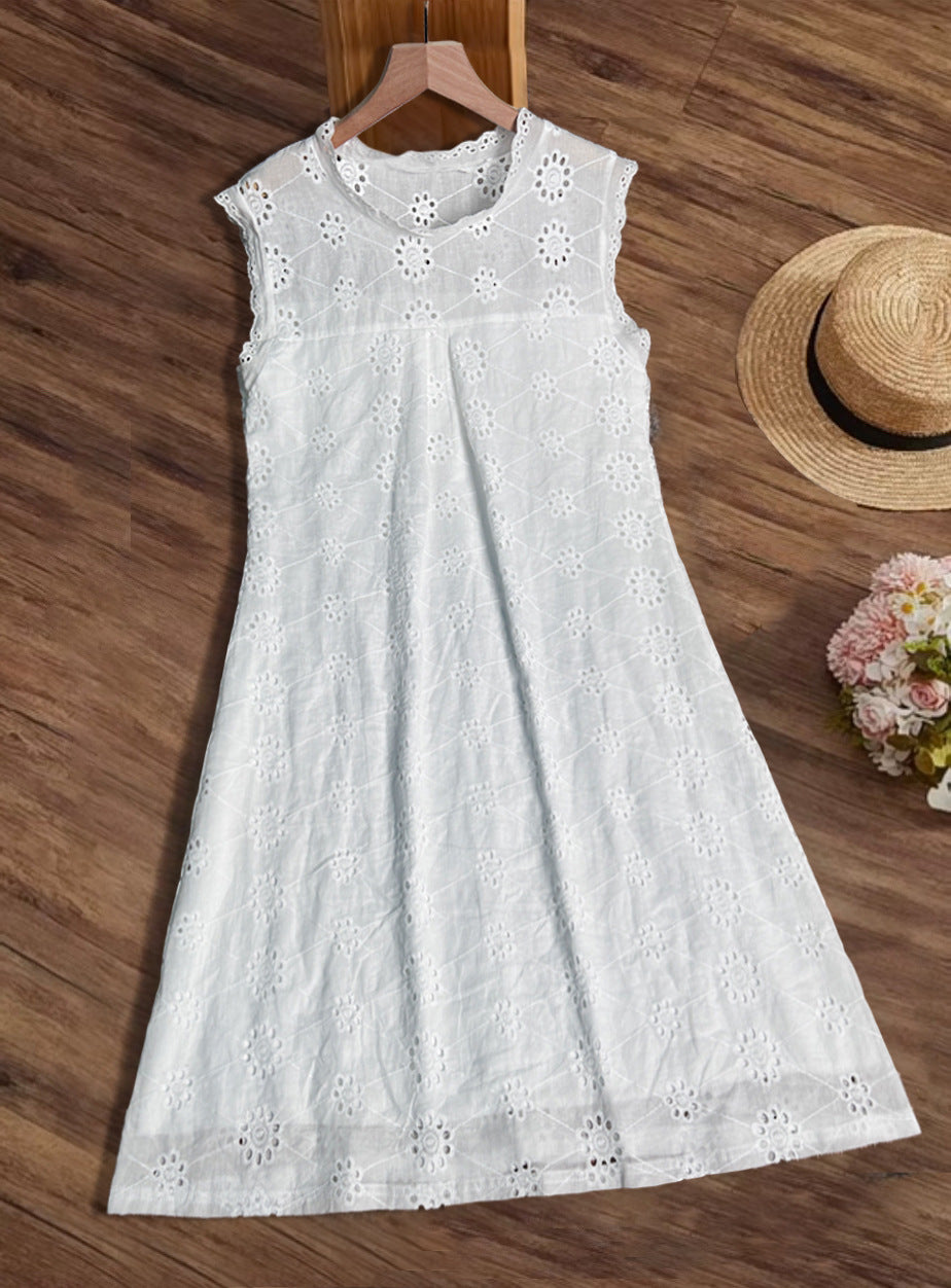 White Lace Ruffled Short Sleeves Hollow Dress