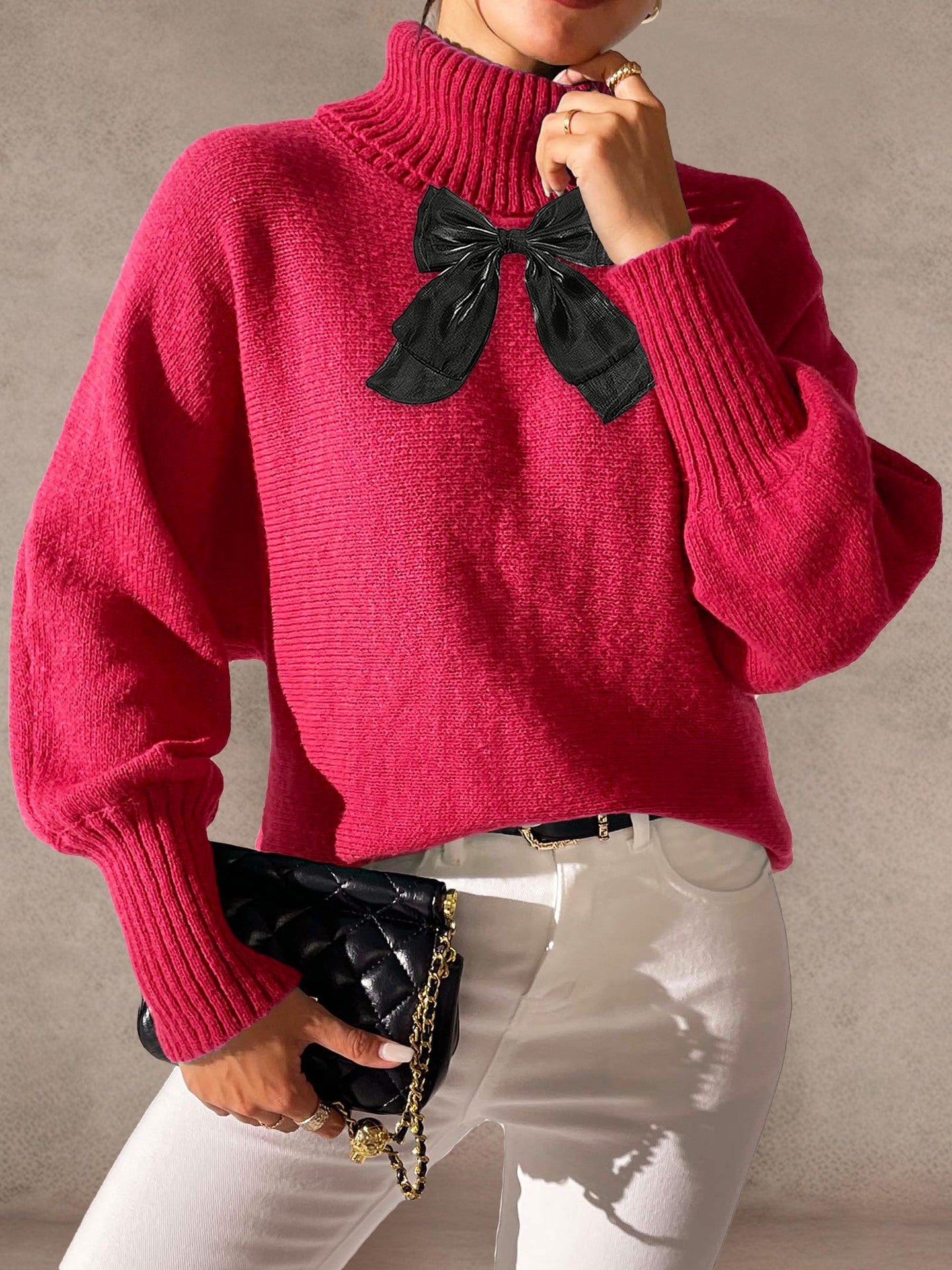 Women's Batwing Sleeve Lace Bow Patchwork Turtleneck Sweater