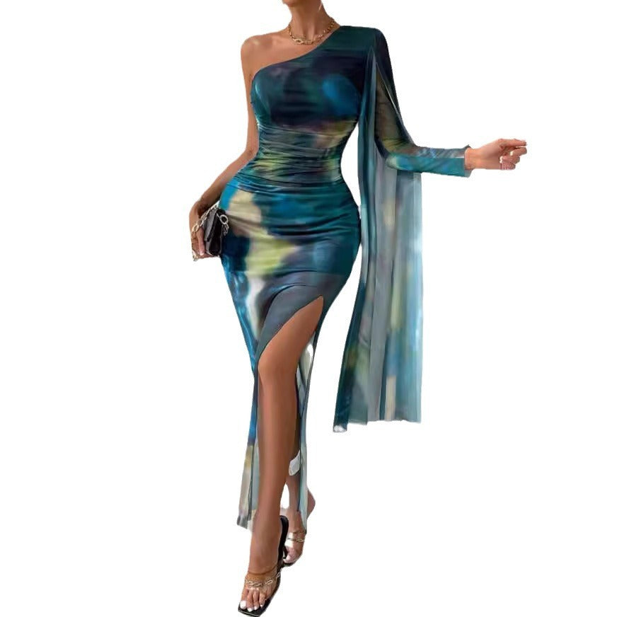 Fashion Printed Shoulder Long Sleeve Dress