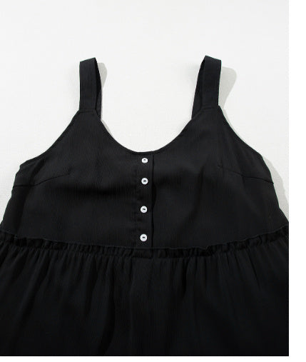 Black Button V Neck Frilly Tiered Sleeveless Dress