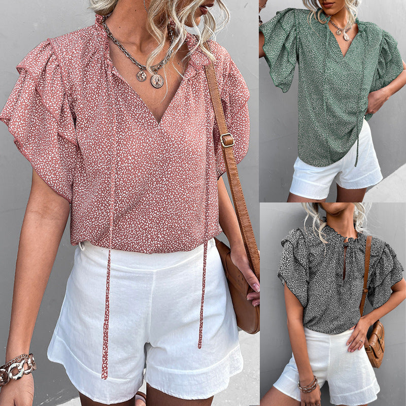 Tied V-neck Leopard Print Top Casual T-shirt
