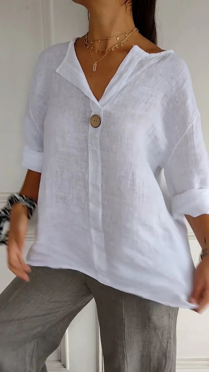 Summer New Loose T-shirt Women's V-neck Solid Color Button Three-quarters Sleeve Top