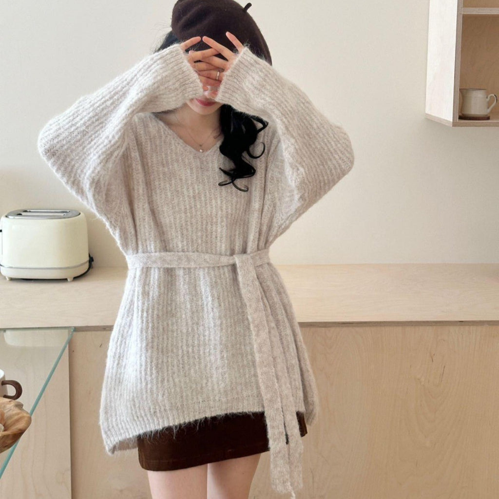 V-neck Halter Ribbon Loose And Lazy Style Mid-length Sweater