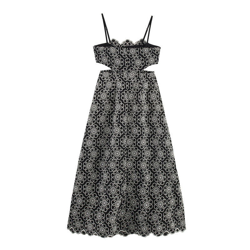 Ethnic Print Vacation Style Embroidered Strap Waist-baring Dress