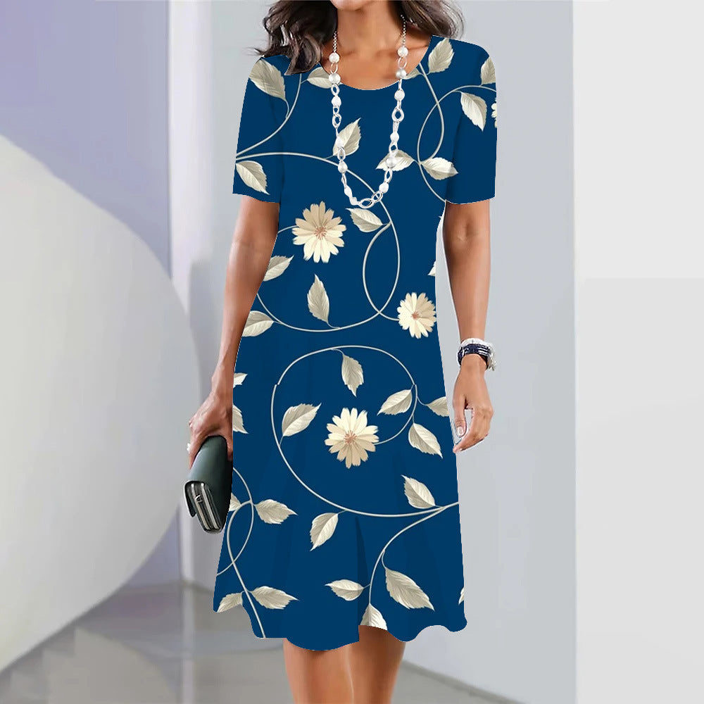 3d Floral Blue Printed Round Neck Fashion Party Dress