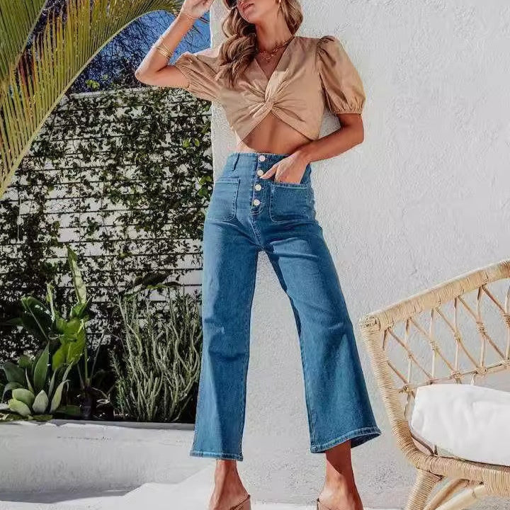 Retro Loose Straight Single Row Ornament High Waist Wide Leg Women's Jeans