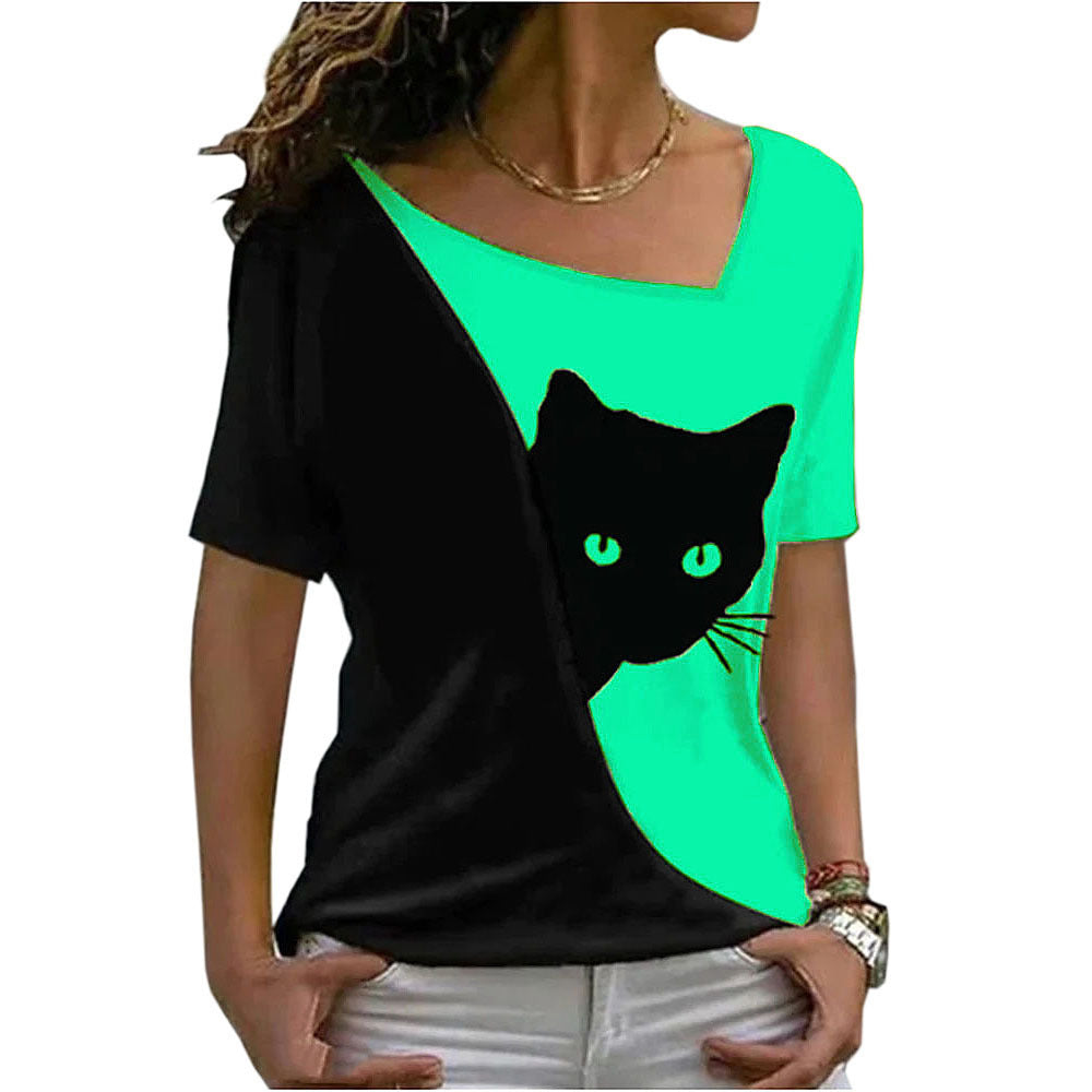 Women's Cat Printing Top Short Sleeve