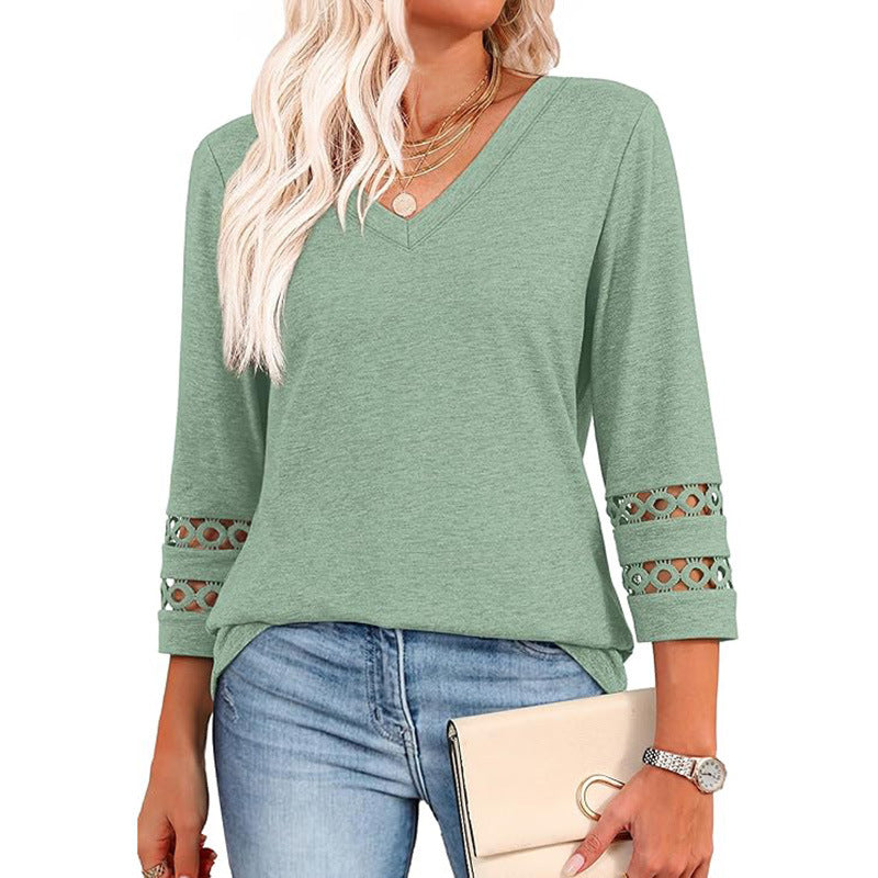Solid Color Loose V-neck 34 Sleeves Women