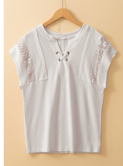 White Ribbed Texture Lace Patchwork Short Sleeve Top